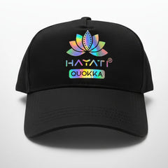 Black cap with colorful logo and text on a white surface