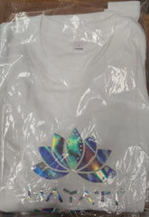 White t-shirt with a colorful logo on a clear plastic sheet

