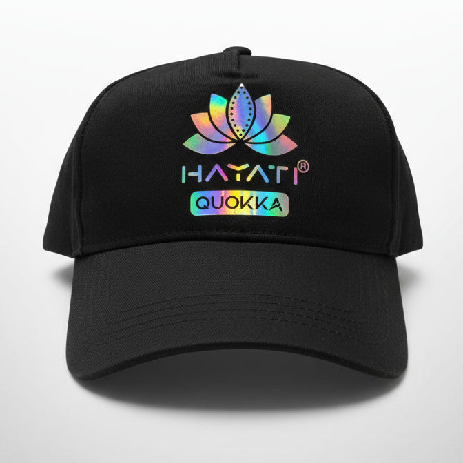 Black cap with colorful logo and text on a white surface

